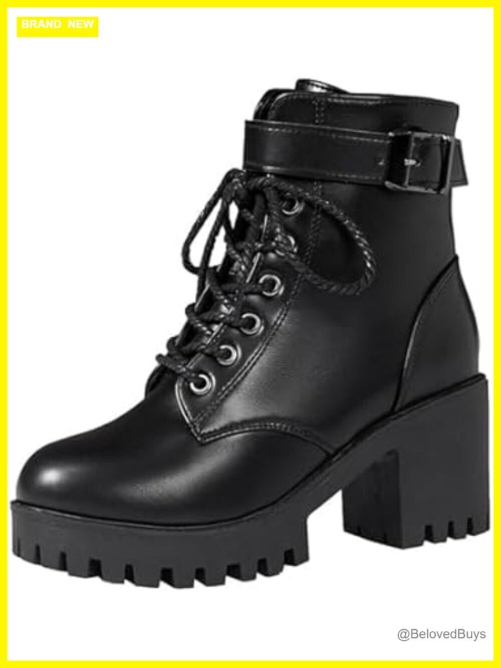 PU Leather Lace Up Chunky Heel Combat Boots Side Zipper Lug Sole Ankle Booties